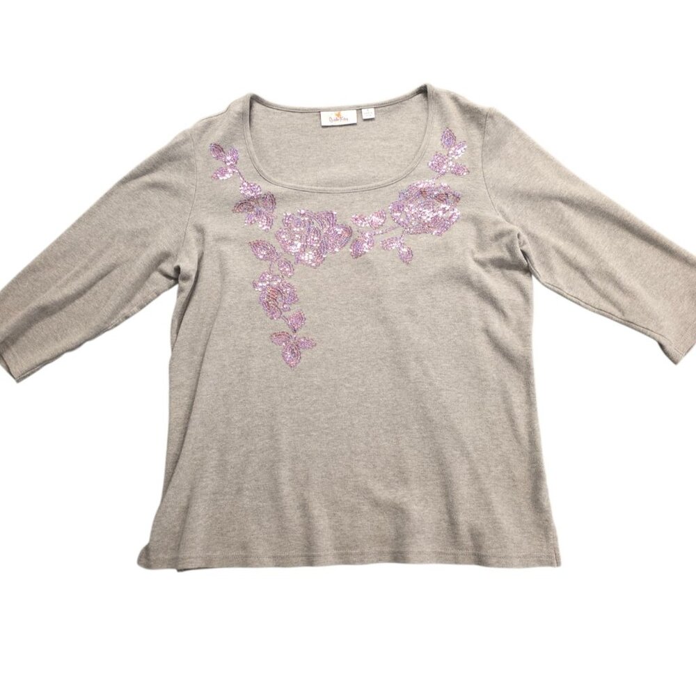 Quacker Factory Sweater Gray With Purple Floral‎ Sequin Embellished Design Small